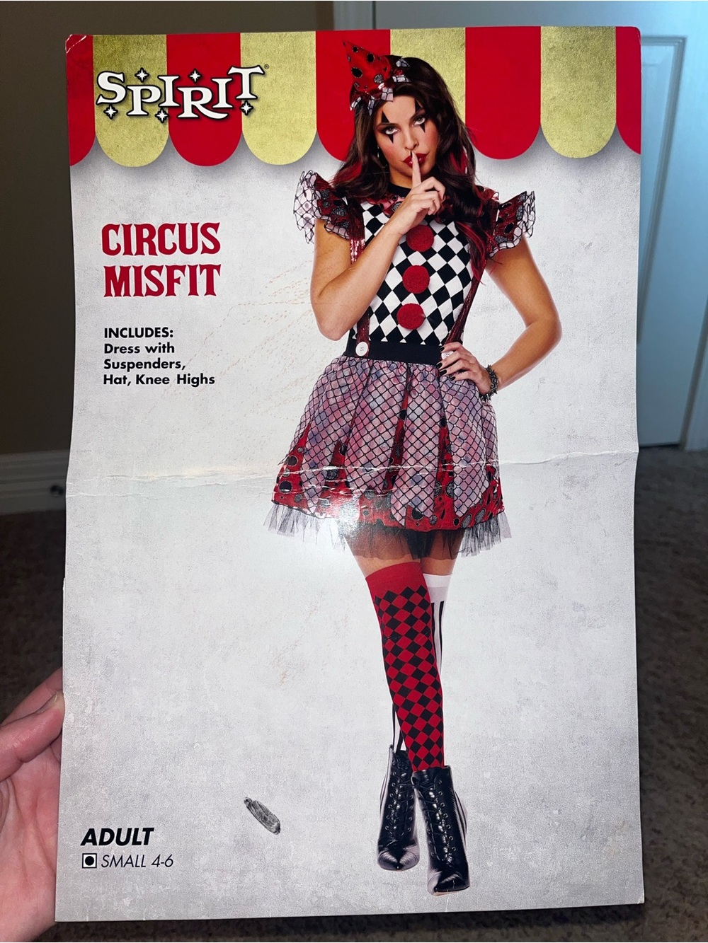 Spirit Circus Misfit Women’s Costume — Red, Black & White Harlequin Dress Set